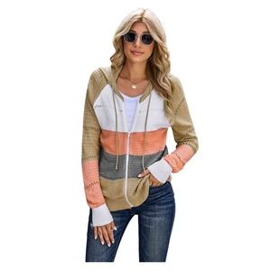 Charming Charlie Crochet Hollow-Out Open Knit Striped Hooded Cardigan Zip-Up M